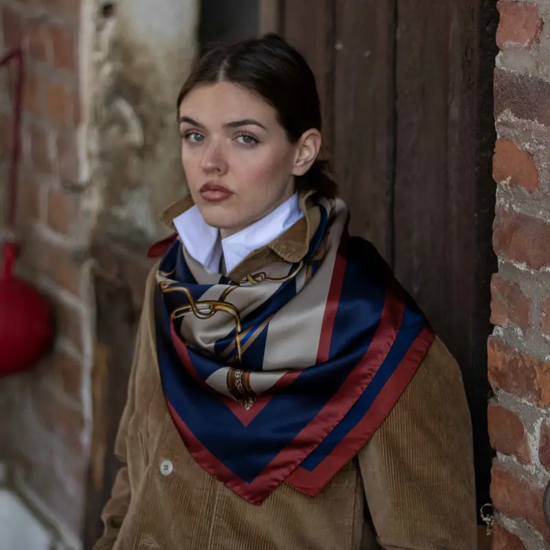 Foulard in Pura Seta con Stampa Sella e Righe Blu - 1020