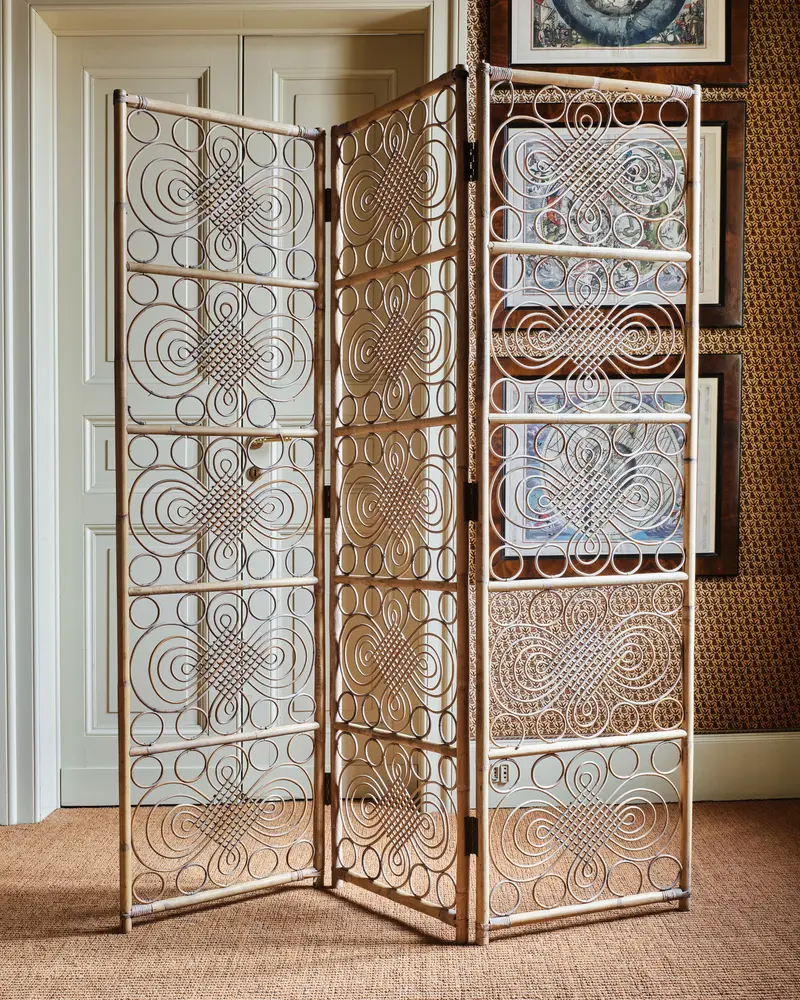 French Bamboo Folding Screen with Interlaced Knotwork Design