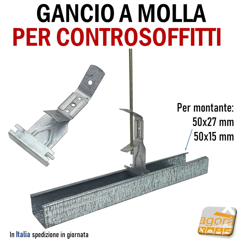 GANCIO CON MOLLA PER PROFILO SOFFITTO CARTONGESSO 50x15 50x27 CONTROSOFFITTO SOSPENSIONE PENDINO 100pz