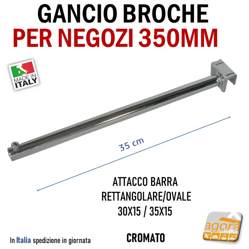 GANCIO DIRITTO BROCHE ATTREZZATURA NEGOZIO 35 CM CROMATO MENSOLA ATTACCO BARRA TUBOLARE 30x15