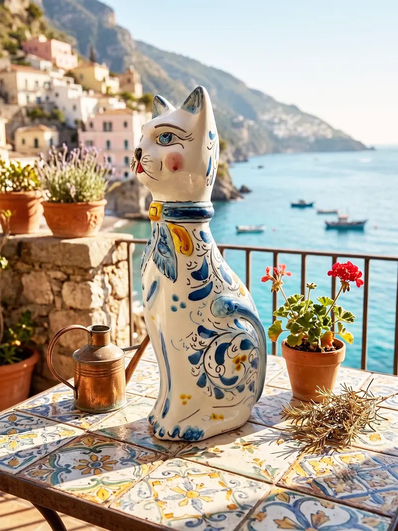 Gatto grande in ceramica siciliana di Caltagirone pezzo unico decorato a mano