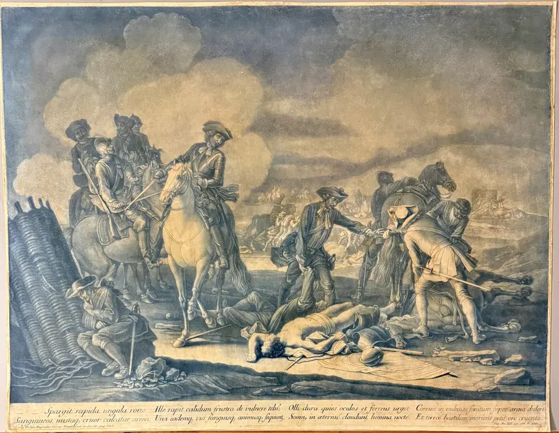 Georg Phillip Rugendas - "La fine della battaglia" - incisione acquaforte blu - 1720 ca