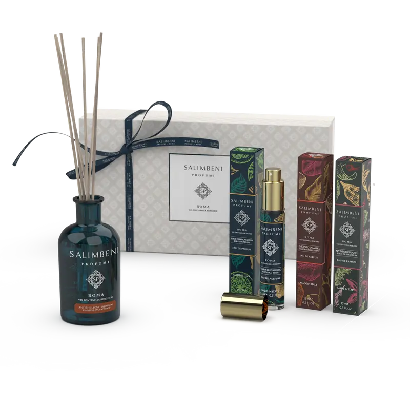 Gift Box Madeiras Antigas 100 ml + 3 Eau de Parfum de viagem de 15 ml (Elixir de Bergamota + Encanto de Âmbar + Especiarias de Bizâncio)