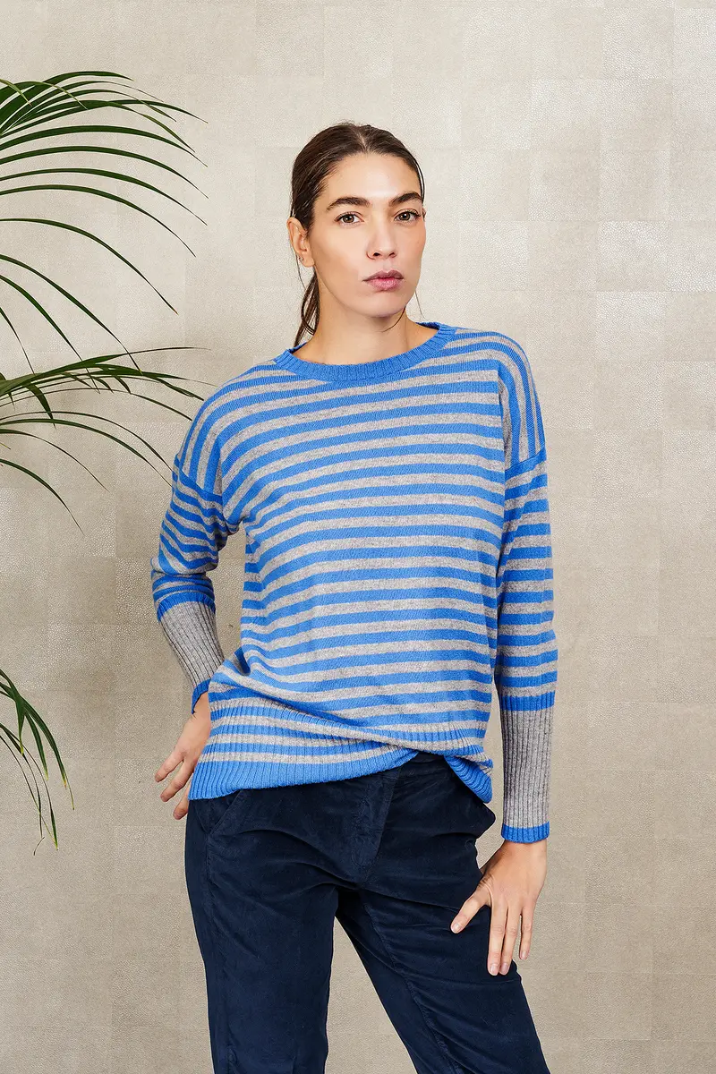GIROCOLLO A RIGHE IN LANA E CASHMERE, grigio e bluette