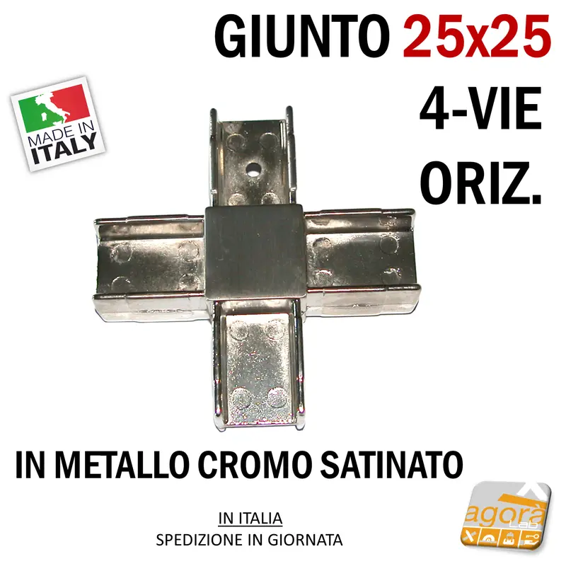 GIUNTO X TAVOLI E VETRINE 25X25 4-VIE ORIZ. NICHEL SATINATO NUOVO PER ESPOSITORI