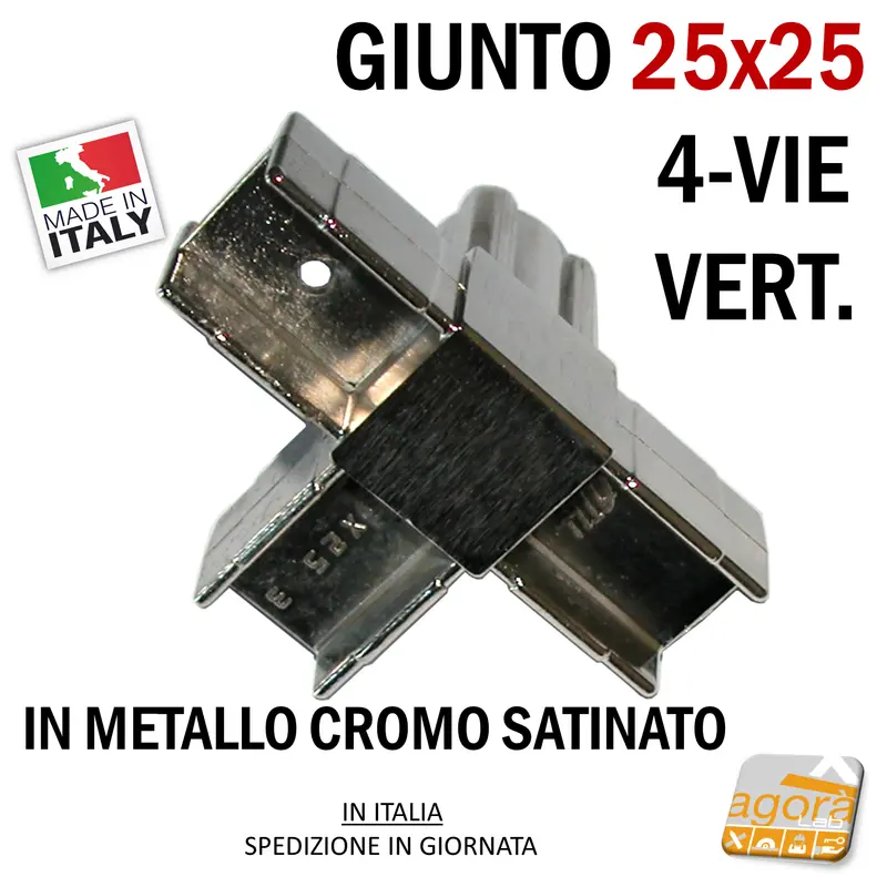 GIUNTO X TAVOLI E VETRINE 25X25 4-VIE VERT. NICHEL SATINATO NUOVO PER ESPOSITORI