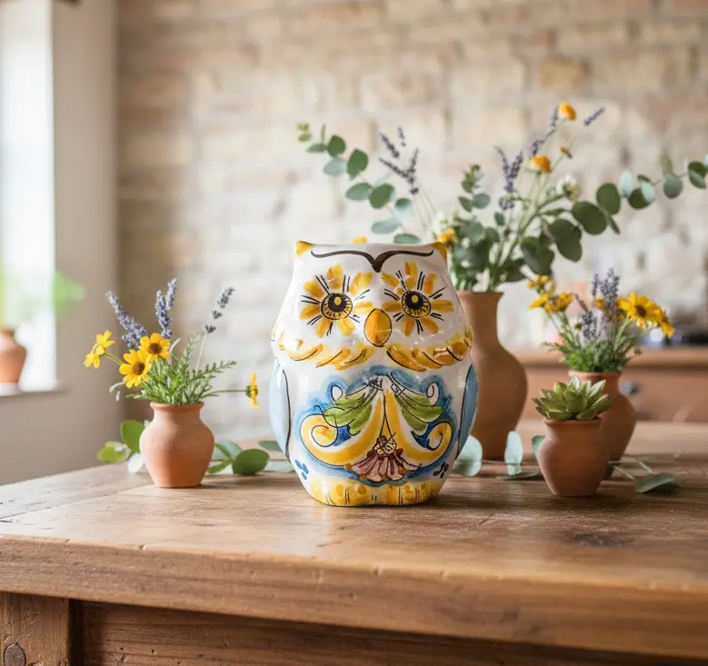 Gufo in ceramica siciliana di caltagirone realizzata e decorata a mano