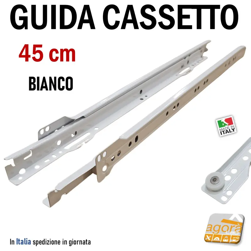GUIDA PER CASSETTO 45CM BIANCA A RULLI ROTELLE SALICE MOBILI GUIDE CASSETTI
