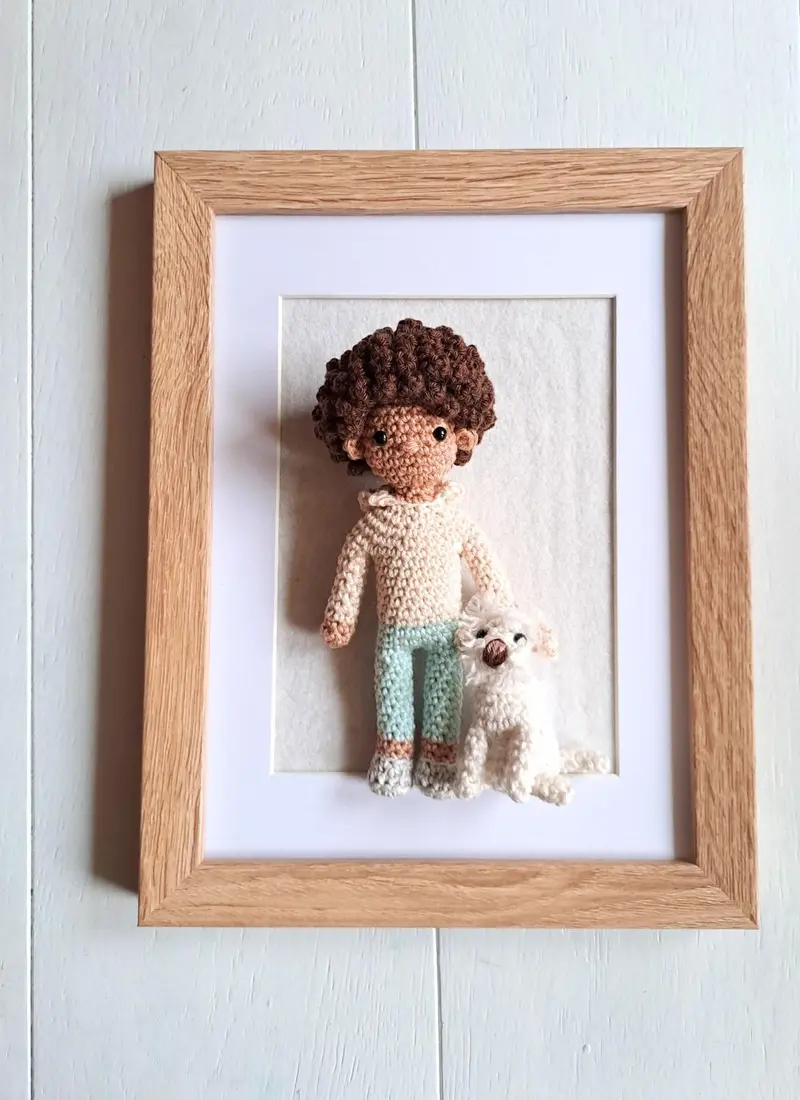 Handmade Crochet Pet and Owner Portrait Art in Frame