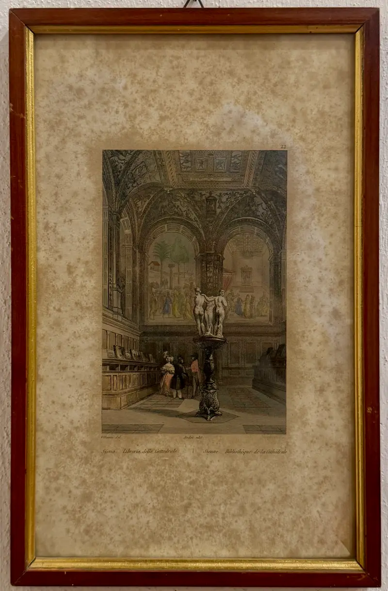 Incisione Libreria della Cattedrale Duomo Siena Audot edit. acquerellata Francia 1837