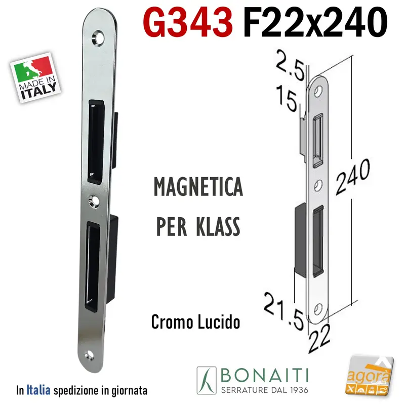 INCONTRO SERRAURA PORTA MAGNETICA KLASS BONAITI G343 FRONTALE 22X240MM CROMO LUCIDO