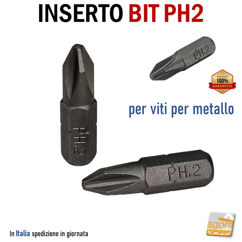 INSERTO BIT PH2 PER VITI METALLO 1/4"x25mm PHILIPS HQ PER AVVITATORE 5pz