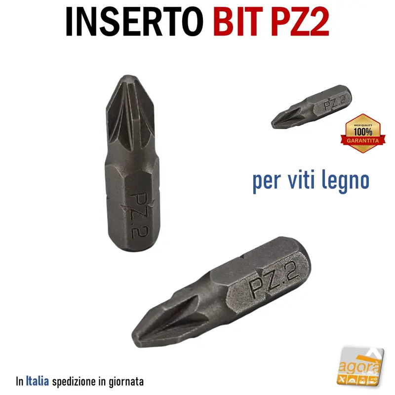 INSERTO BIT PZ2 PER VITI LEGNO 1/4"x25mm POZIDRIVE HQ PER AVVITATORE 5pz