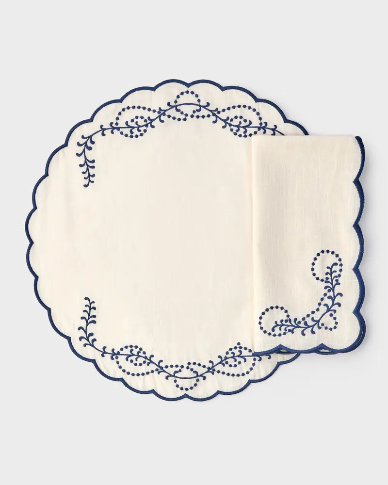 Jackie Embroidered Round Placemat and Napkin Set, Blue