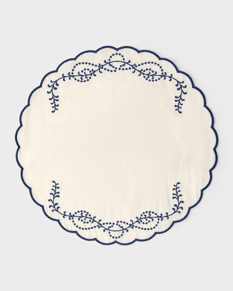 Jackie Embroidered Round Placemat, Blue
