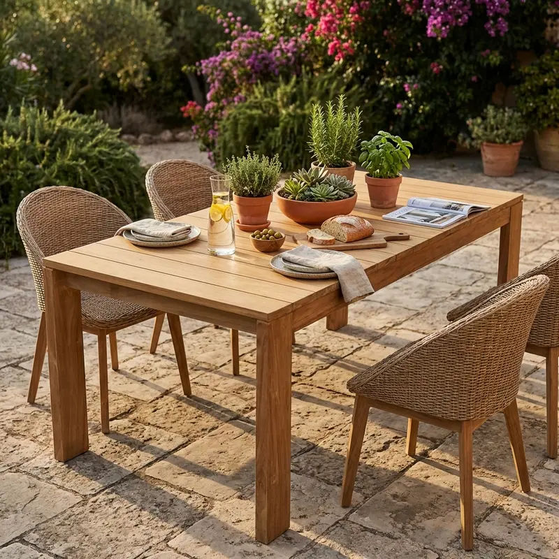 Kerala - tavolo fisso in teak marrone chiaro 200x100