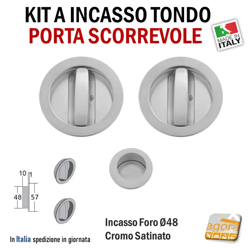 KIT MANIGLIA PER PORTA SCORREVOLE BOCCHETTA FORO 48 D57 DOPPIA-LEVA BASSA CR SAT TONDA