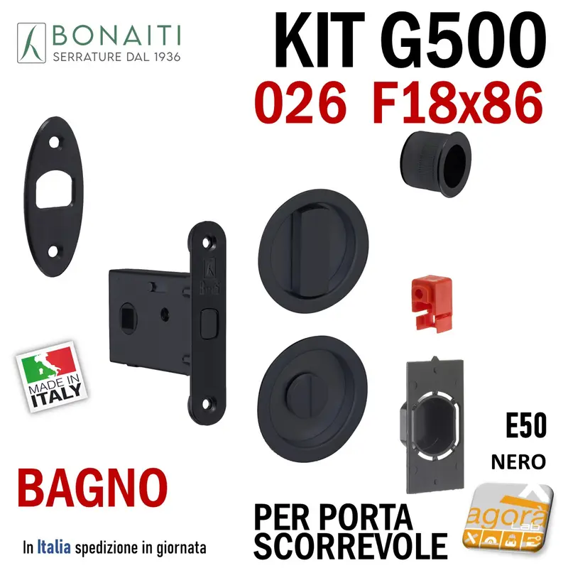 KIT SERRATURA PORTA SCORREVOLE BONAITI SON F18x86 G500 BAGNO WC MONETA NERO Q8 E50