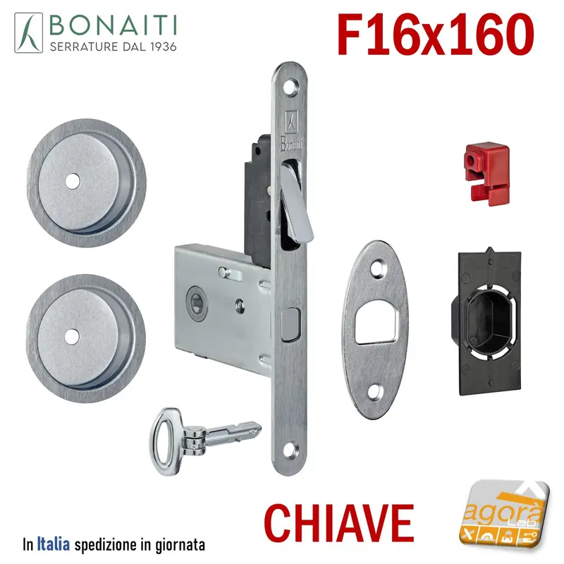 KIT SERRATURA PORTA SCORREVOLE BONAITI TOC F16x160 G500+TIR CHIAVE SPILLO CROMO SAT Q8 E50