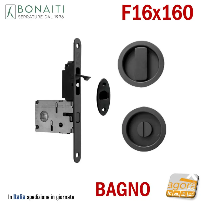 KIT SERRATURA PORTA SCORREVOLE BONAITI TON F16x160 G500+TIR BAGNO WC MONETA NERO Q8 E50