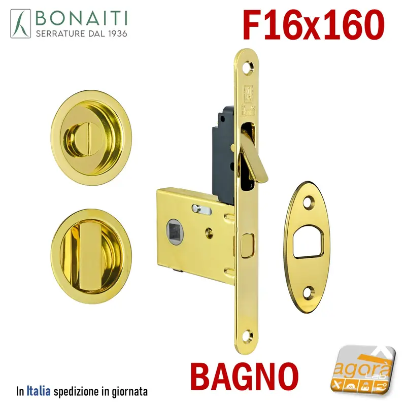 KIT SERRATURA PORTA SCORREVOLE BONAITI TON F16x160 G500+TIR BAGNO WC MONETA OTTONE Q8 E50