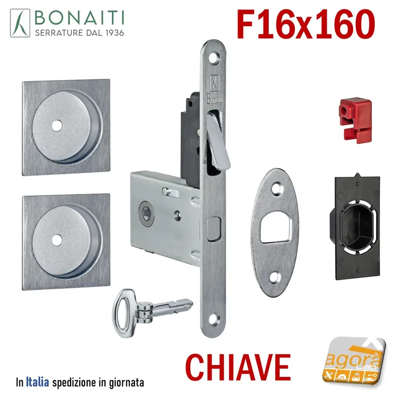 KIT SERRATURA PORTA SCORREVOLE BONAITI TQC F16x160 G500+TIR CHIAVE SPILLO CROMO SAT Q8 E50
