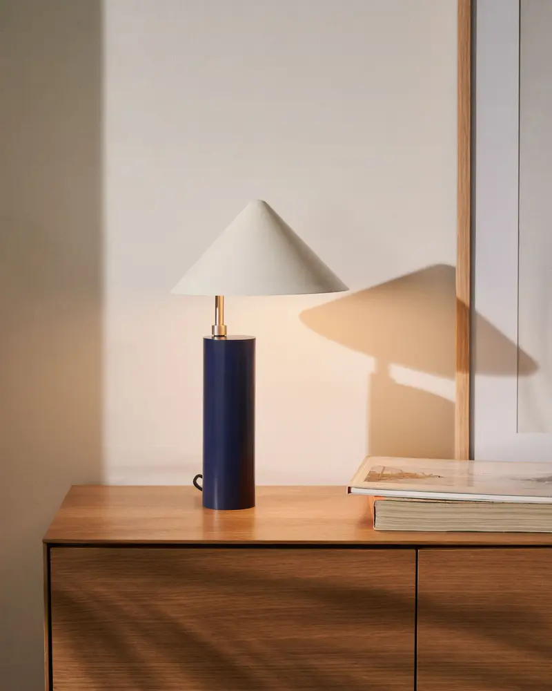 Lampada da tavolo Shiva in metallo verniciato blu e bianco