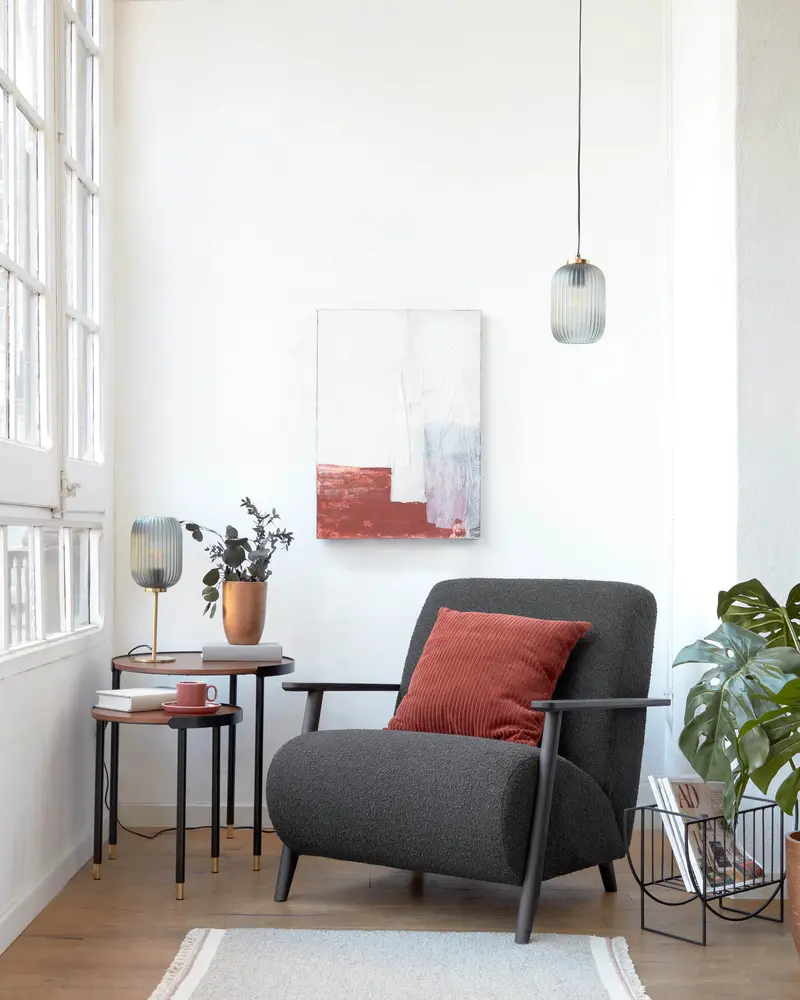 Lampada Hestia in metallo con finitura ottone e vetro grigio
