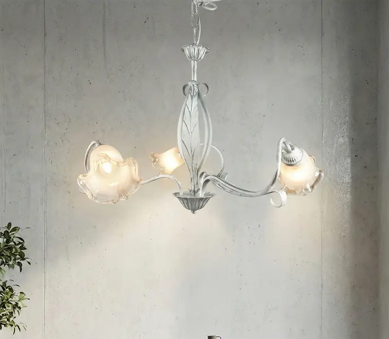 Lampadario a 3 luci moderno in ferro battuto e vetro realizzato artigianalmente coll. venere