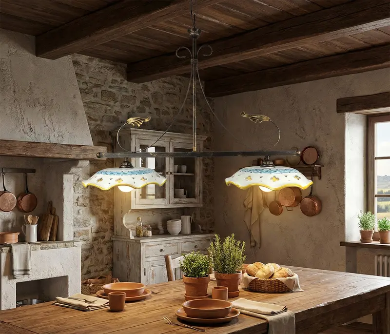 Lampadario a bilanciere 2 luci in ferro battuto e ceramica realizzato e decorato artigianalmente soggiorno cucina art. gomes