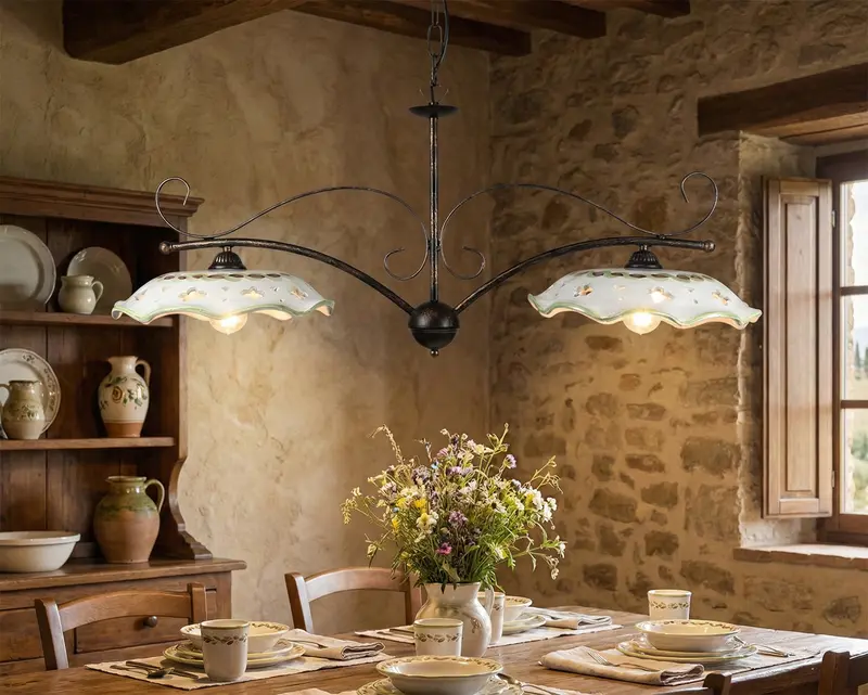 Lampadario a bilanciere 2 luci in ferro battuto e ceramica realizzato e decorato artigianalmente soggiorno cucina art. melograno