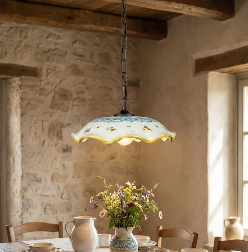 Lampadario a sospensione 1 luce con catena e ceramica realizzata e decorata artigianalmente coll. gomes
