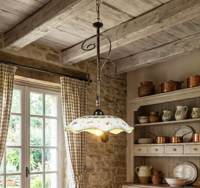 Lampadario a sospensione 1 luce rustico in ferro battuto e ceramica realizzato e decorato artigianalmente ingresso cucina coll. melograno