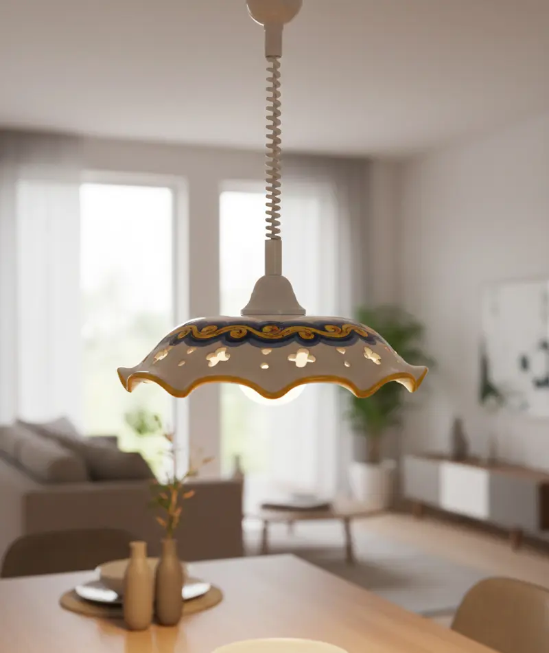 Lampadario a sospensione 1 luce saliscendi con ceramica realizzata e decorata artigianalmente coll. candida