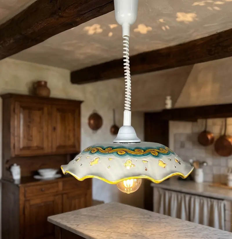 Lampadario a sospensione 1 luce saliscendi con ceramica realizzata e decorata artigianalmente coll. Martina