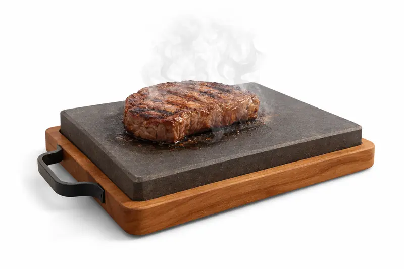 Lava Stone Grill Plate 27 × 18 cm with Ash Wood Base