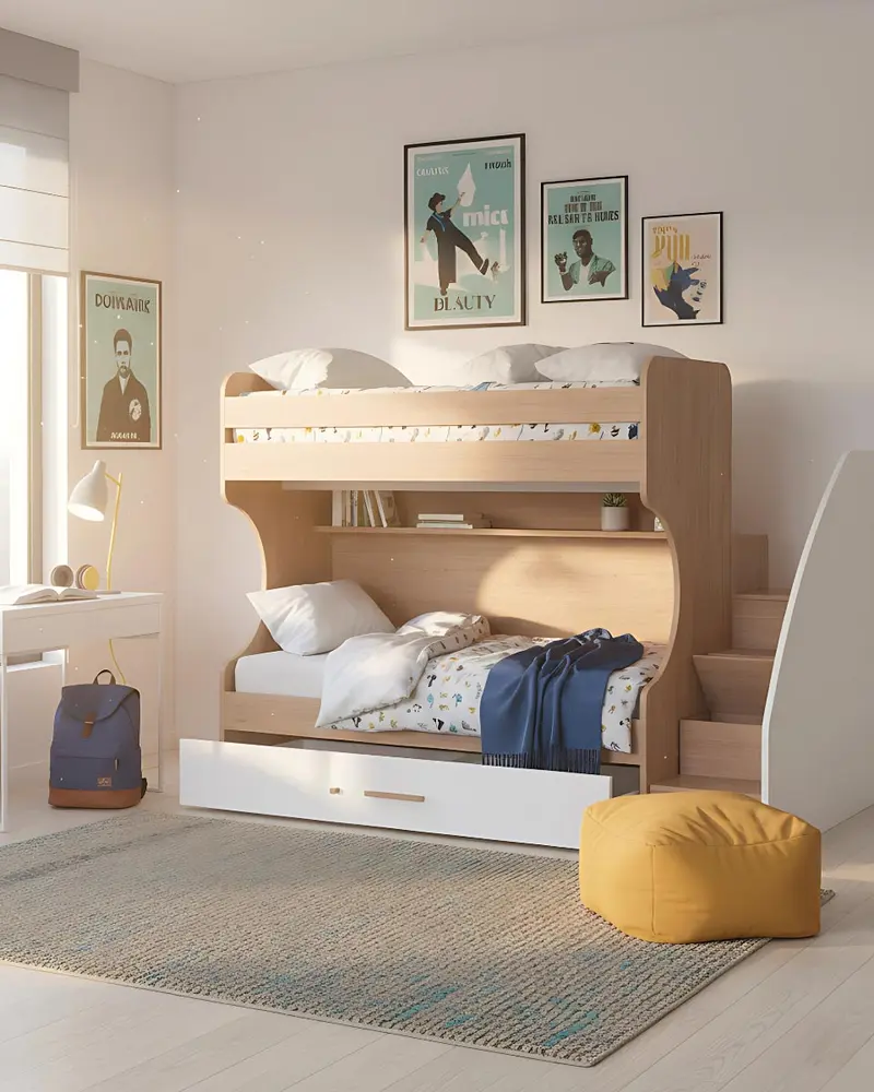 Letto a castello attrezzato Thiago - Letto salvaspazio moderno per cameretta - Struttura virginia o betulla - Doppio letto e cassettone inclusi - Reti a doghe incluse
