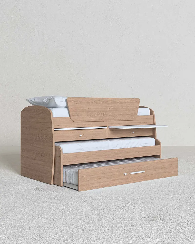 Letto attrezzato Bea - Letto salvaspazio moderno per cameretta - Con scrittoio e 2 letti inferiori estraibili - 7 varianti colore personalizzabili - Rete a doghe e scaletta inclusi