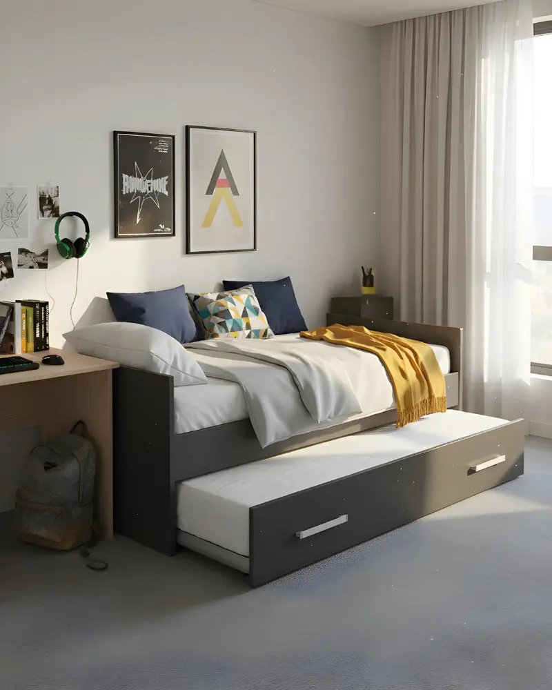 Letto attrezzato Jeff - Letto salvaspazio moderno per cameretta - Struttura antracite - Letto inferiore - Rete a doghe inclusa