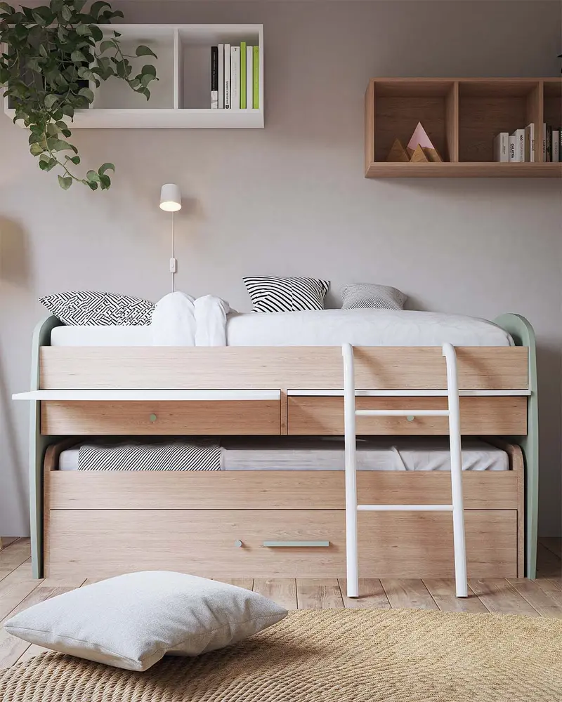 Letto attrezzato Lisa - Letto salvaspazio moderno per cameretta - Con scrittoio, 1 letti inferiori e 1 cassettone estraibili - 7 varianti colore personalizzabili - Rete a doghe e scaletta inclusi