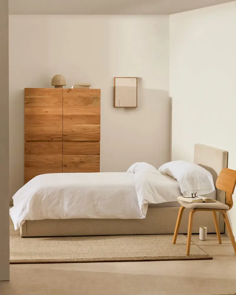 Letto con contenitore Nahiri rivestito beige per materasso di 90 x 200 cm