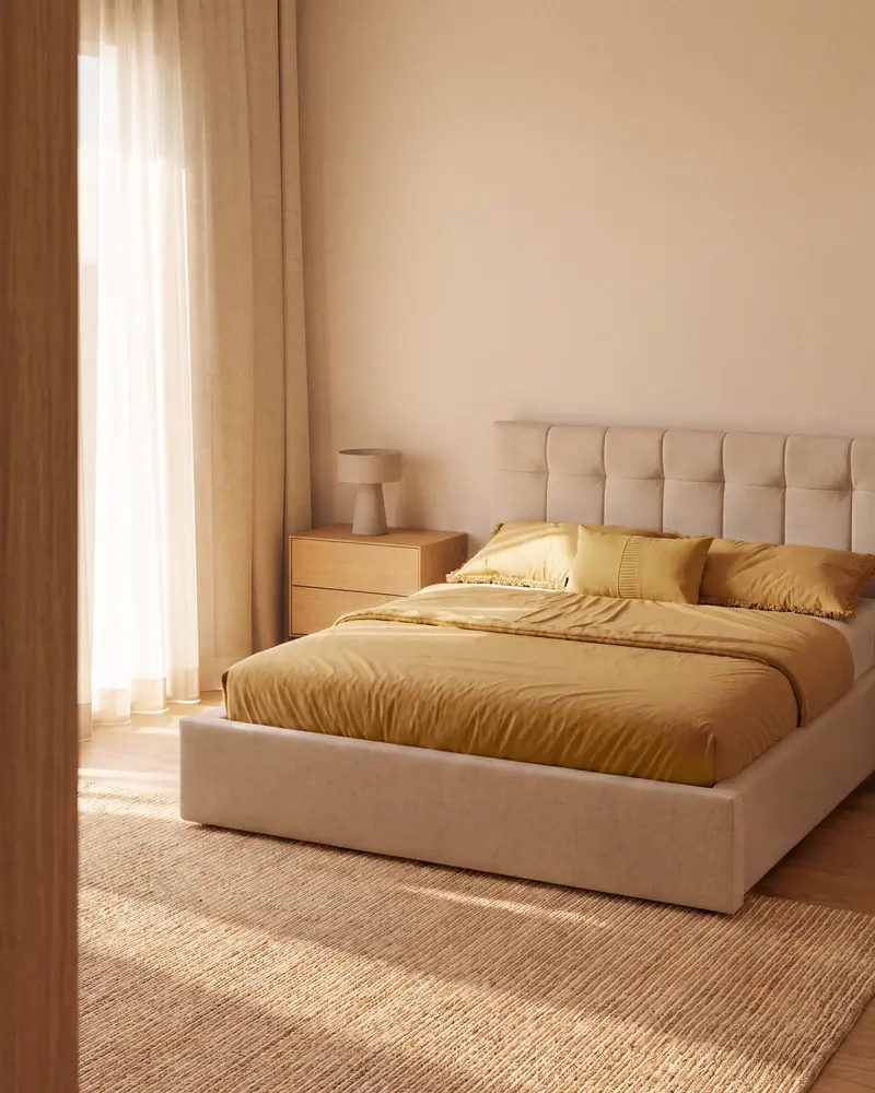 Letto contenitore sollevabile Darnela in ciniglia écru per materasso da 150 x 200 cm