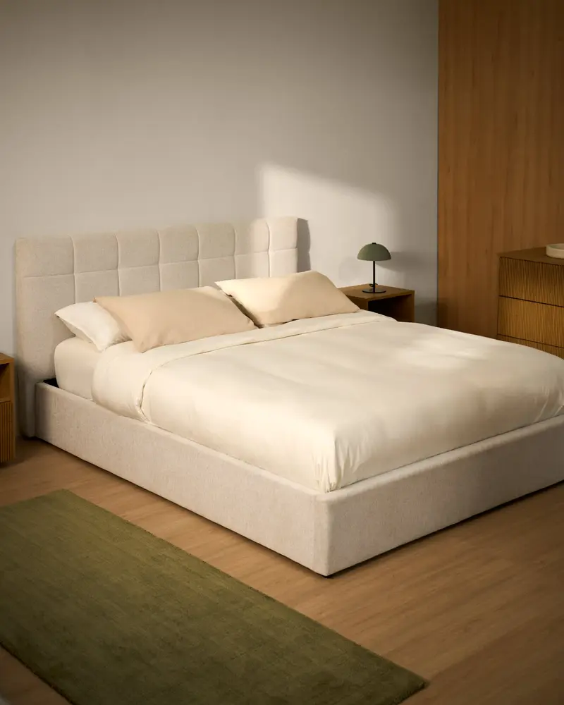 Letto contenitore sollevabile Darnela in ciniglia écru per materasso da 160 x 200 cm