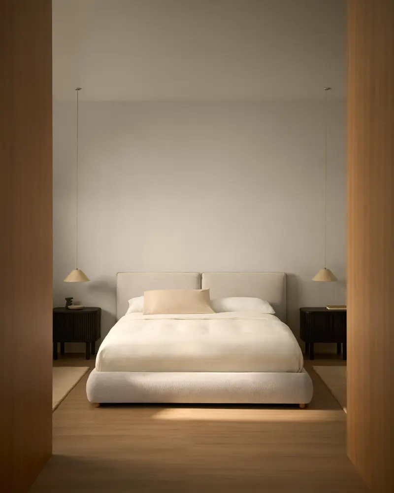 Letto Elerio in ciniglia écru per materasso da 180 x 200 cm