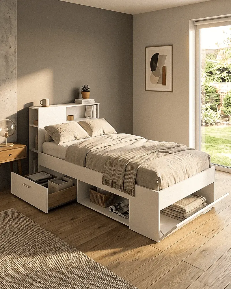 Letto LUMERA con Contenitore e Testiera con Ripiani – Design Moderno Salvaspazio per Cameretta