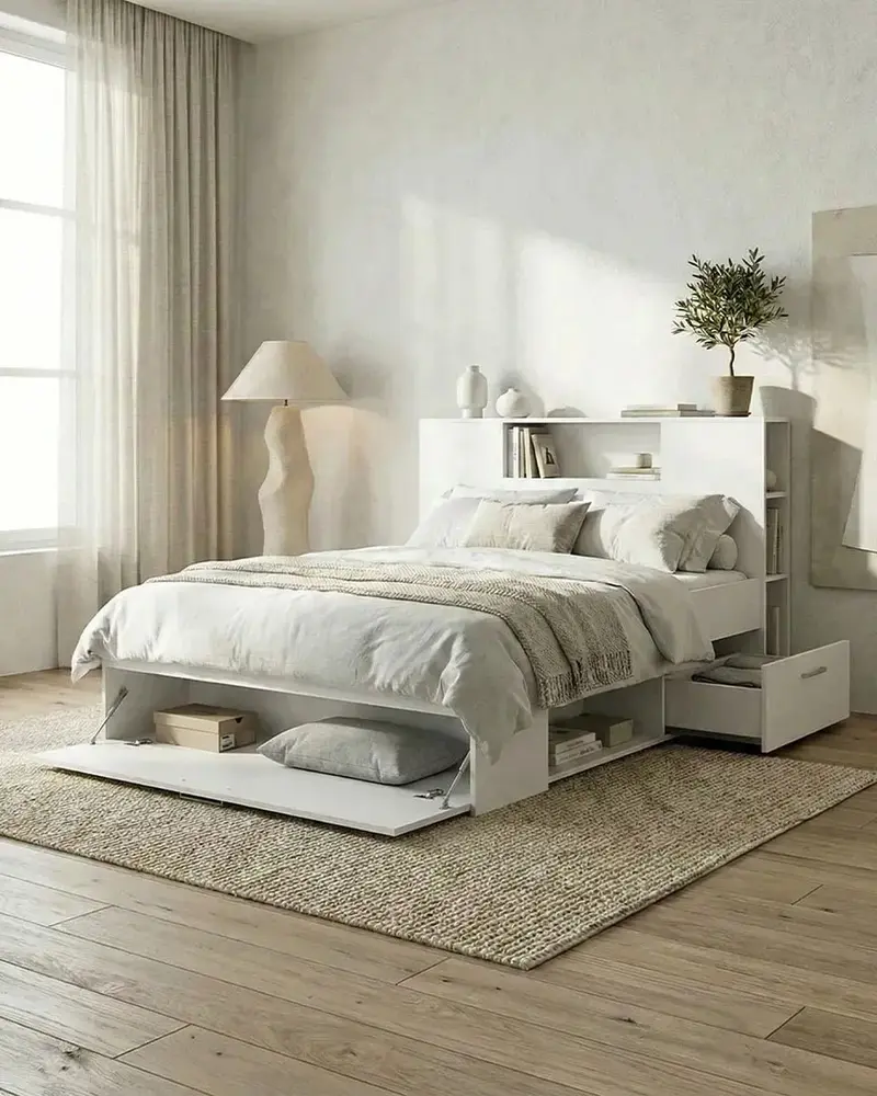 Letto NOREVA con Contenitore e Testiera con Ripiani – Design Moderno Salvaspazio per Cameretta