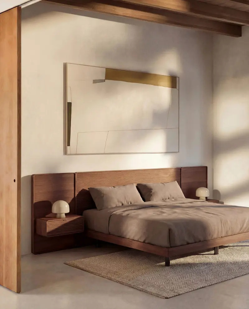 Letto Norlen con 2 comodini in impiallacciatura di noce con finitura scura e luce LED per materasso 160 x 200 cm