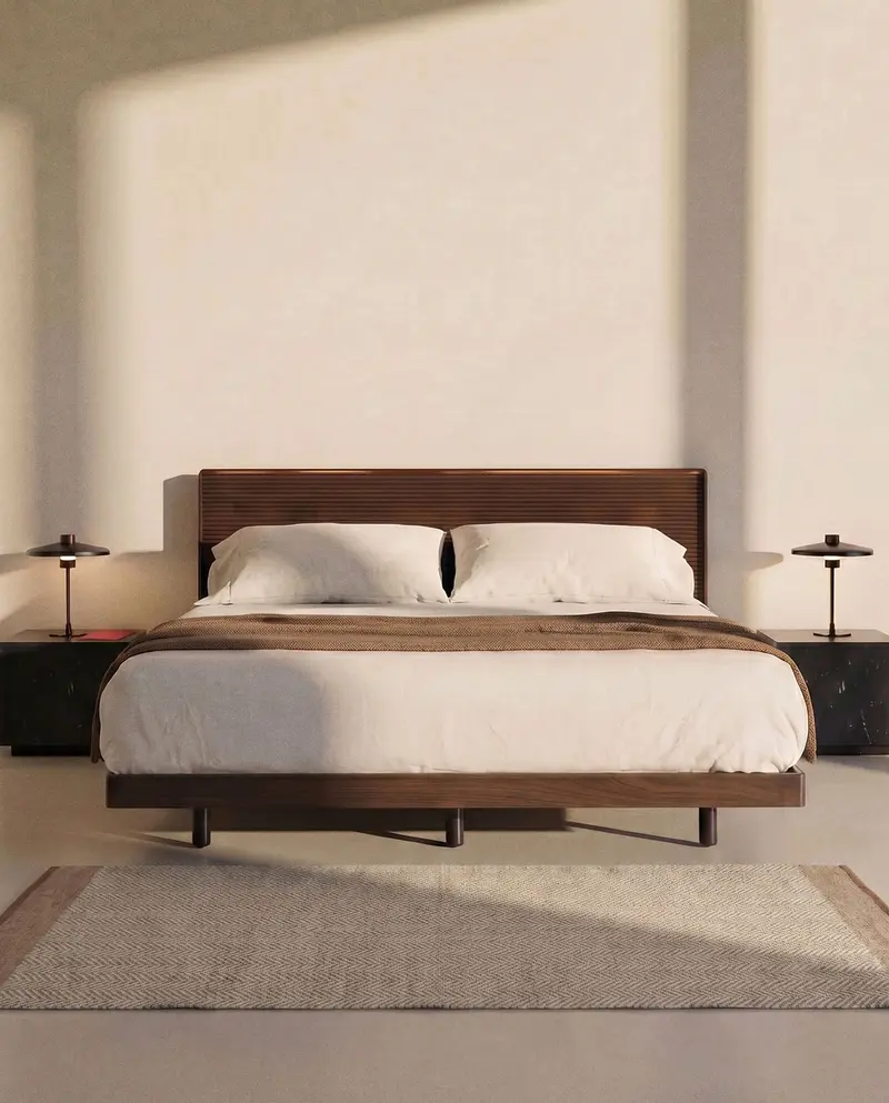 Letto Norlen in impiallacciato di noce con finitura scura e luce LED per materasso da 160 x 200 cm