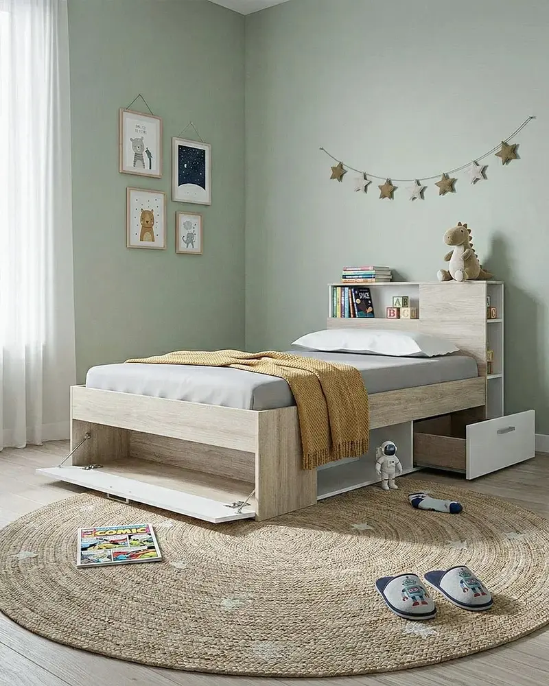 Letto ORVENA con Contenitore e Testiera con Ripiani – Design Moderno Salvaspazio per Cameretta