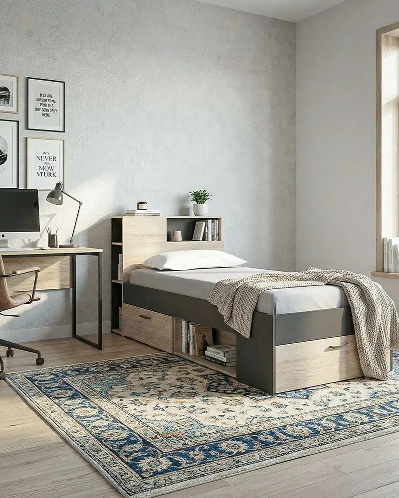 Letto SAVIREL con Contenitore e Testiera con Ripiani – Design Moderno Salvaspazio per Cameretta